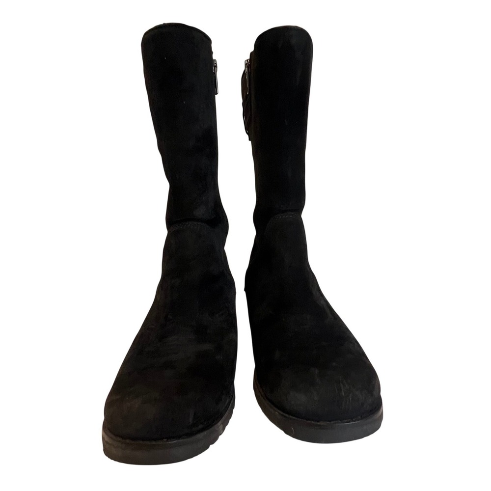 UGG Australia Boots Womens 8 Black Suede Shearling Lined Buckle Moto Lug Sole - Picture 2 of 13